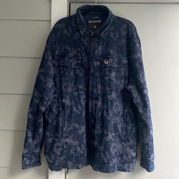 True Religion Men's Jacquard Indigo blue Camo Print Field Jacket - Picture 1 of 6